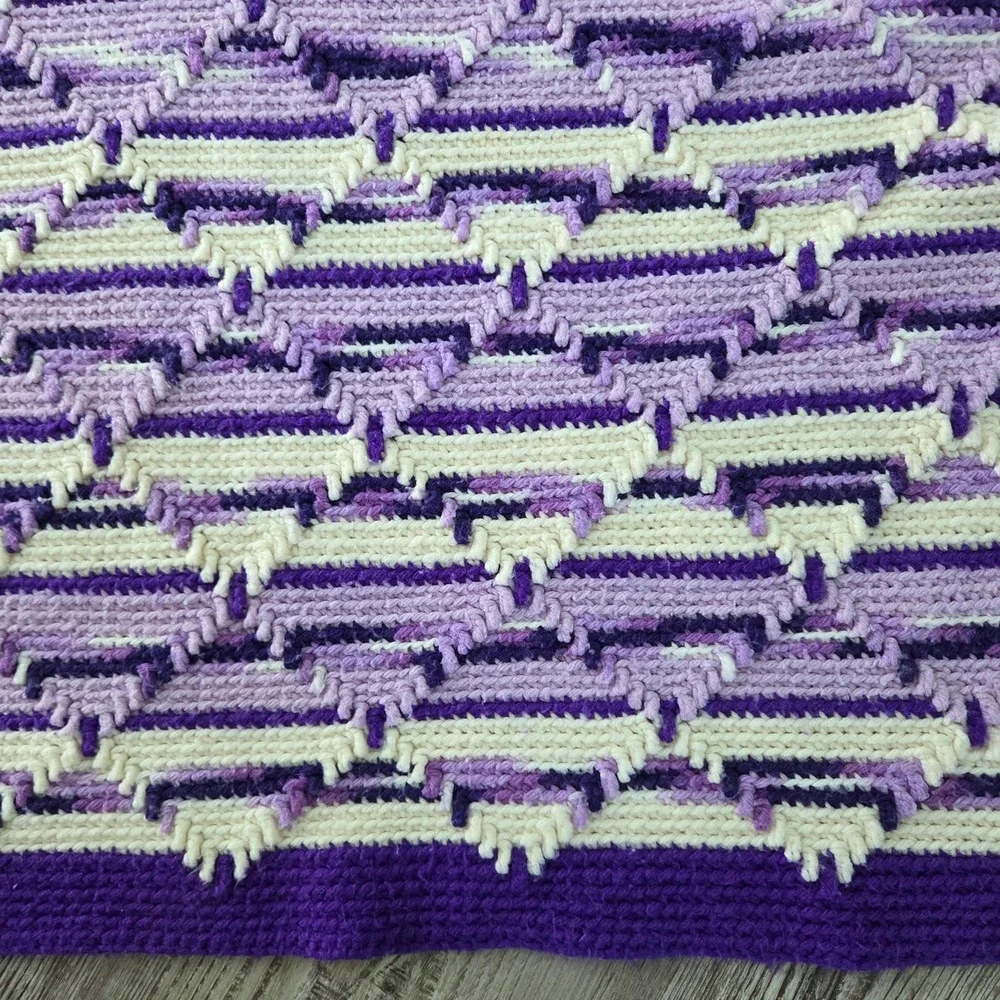 Handmade Crochet Purple Mosaic Afghan Throw Blanket Geometric 55x67 Cottagecore